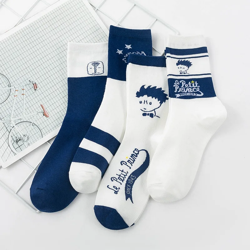 

Blue Cartoon Head Socks Female Middle Tube Pure Cotton Spring and Summer Cute Japanese Student Personality Stockings Stripes