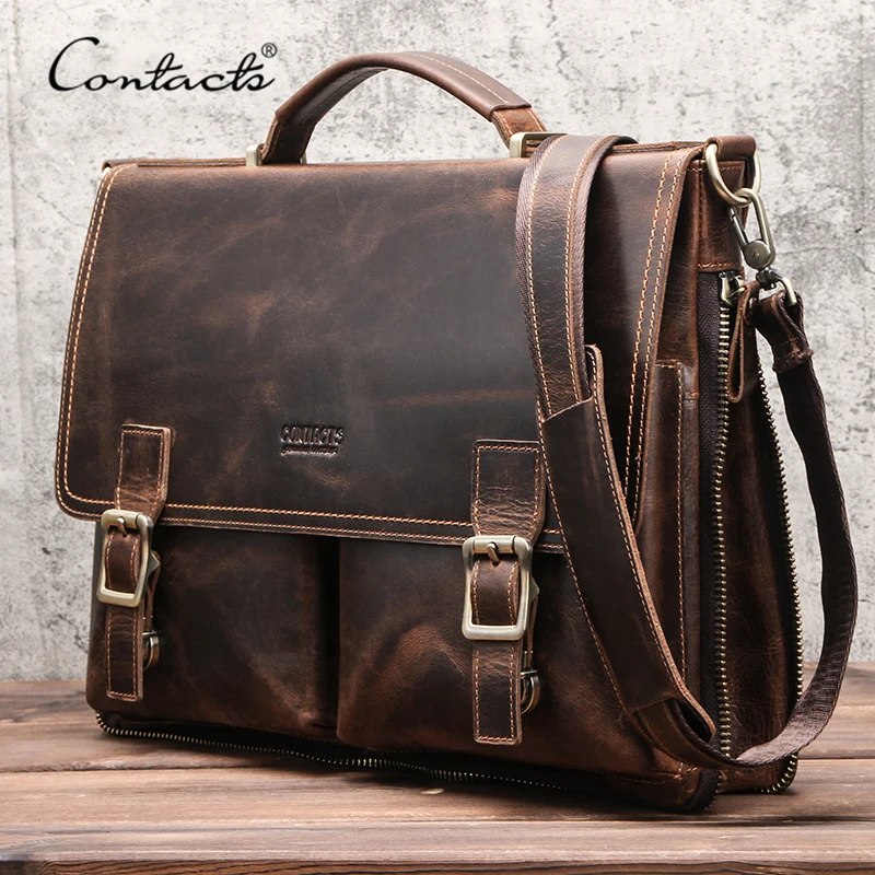 

CONTACT'S Men Briefcase Bag Crazy Horse Leather Shoulder Messenger Bags Famous Brand Business Office Handbag for 14 inch Laptop