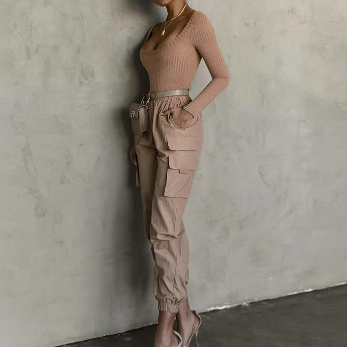 

Europe and The United States 2021 Autumn Sexy Design Sense Generous Collar Solid Color Slim Long-sleeved One-piece Pants Women