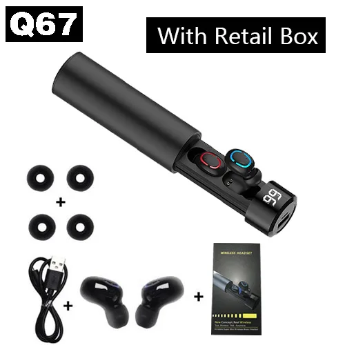 Black O type Q67 Bluetooth наушники 5,0 беспроводные гарнитуры 3D стереосистемы мини с двойным микрофоном спортивные водонепроницаемые наушники с зарядным устройством 3500 мАч - Цвет: Black O type