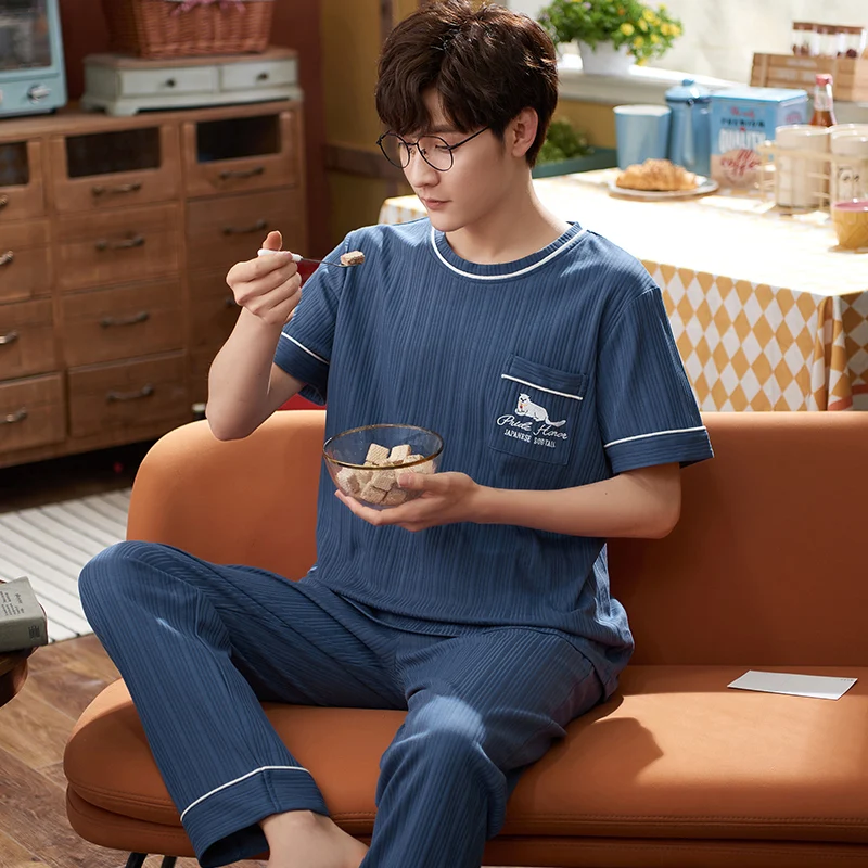 

Men's Pajamas Set Spring Summer Leisure Elastic Waist Men Sleepwear Cotton Men's Short Sleeve Nightwear Top Long Pant Home Cloth