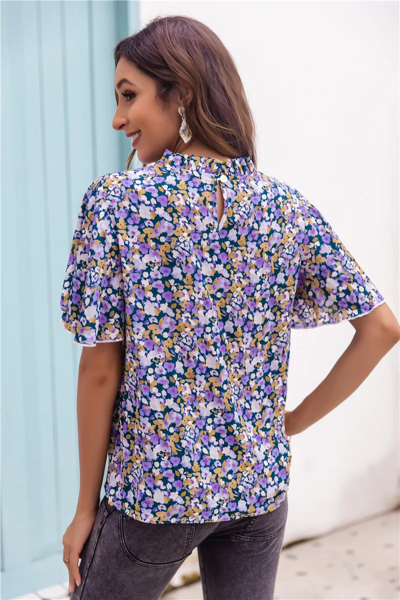 

Summer New Crew Neck Short Sleeve Floral T-shirt Women's Purple Top