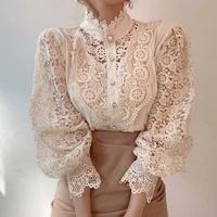 petal sleeve stand collar hollow out flower lace patchwork shirt femme blusas all match women lace blouse button white top 12419