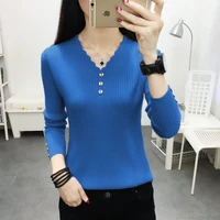 sexy v neck buttons solid sweaters pullover women autumn winter casual long sleeve knitted tops ladies bodycon jumper large size