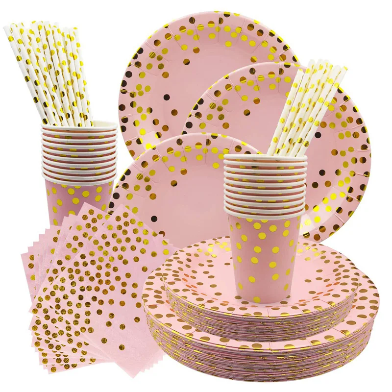 

250pcs paper plate napkin cups straws rose gold disposable DOT foil tableware wedding birthday baby shower party set