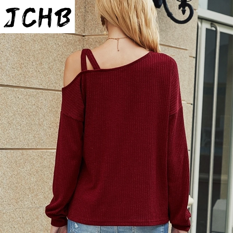 

One Sexy Shoulder Sling Long Sleeve Knit T-shirts Women Autumn Winter Solid Casual Loose Tees Streetwear Fashion Black Pullovers