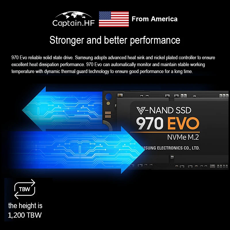 

US Captain SSD MZ-V7E1T0BW 970 EVO SSD 1TB - M.2 PCI-E NVMe Interface Internal Solid State Drive with V-NAND Technology