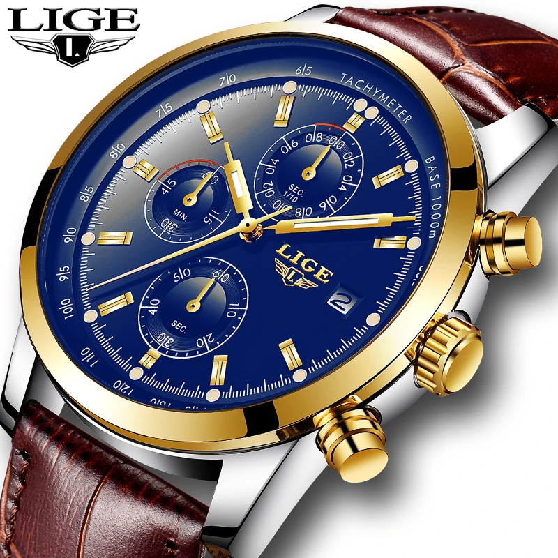 

LIGE Men's Watches Luxury Top Brand Quartz Chronograph Watch Fashion Sports Automatic Date Leather Men Clock Relogio Masculino