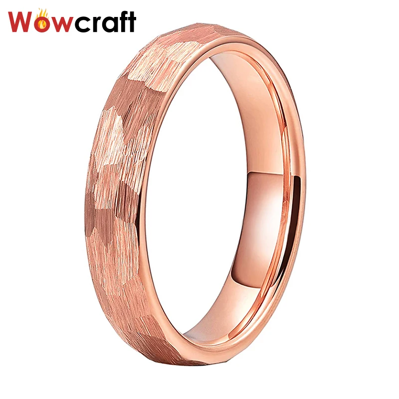 

4mm Rose Gold Tungsten Hammered Wedding Band Rings for Women Brushed Finish Engraving Name/Logo Comfort Fit