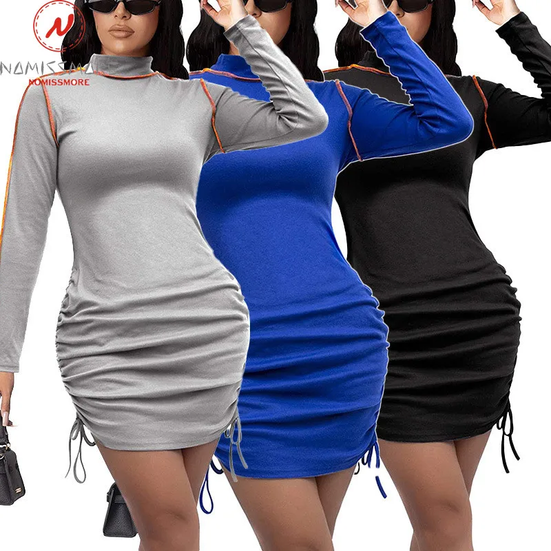 

Fashion Women Solid Color Pencil Dress for Streetwear Shrinkage Drawstring Design O-Neck Long Sleeve Mid Waist Slim Hips Dress