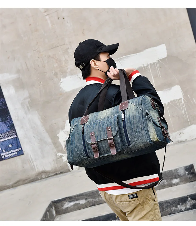 Large capacity denim travel bag men's and women's general style fashion casual travel single shoulder satchel Retro cowboy