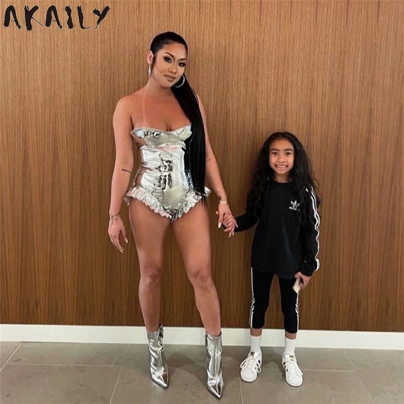 

Akaily Summer Sexy Skinny Strapless Backless PU Leather Bodysuit Women Solid Ruffles Short Jumpsuit Female Clubwear Outfit 2021