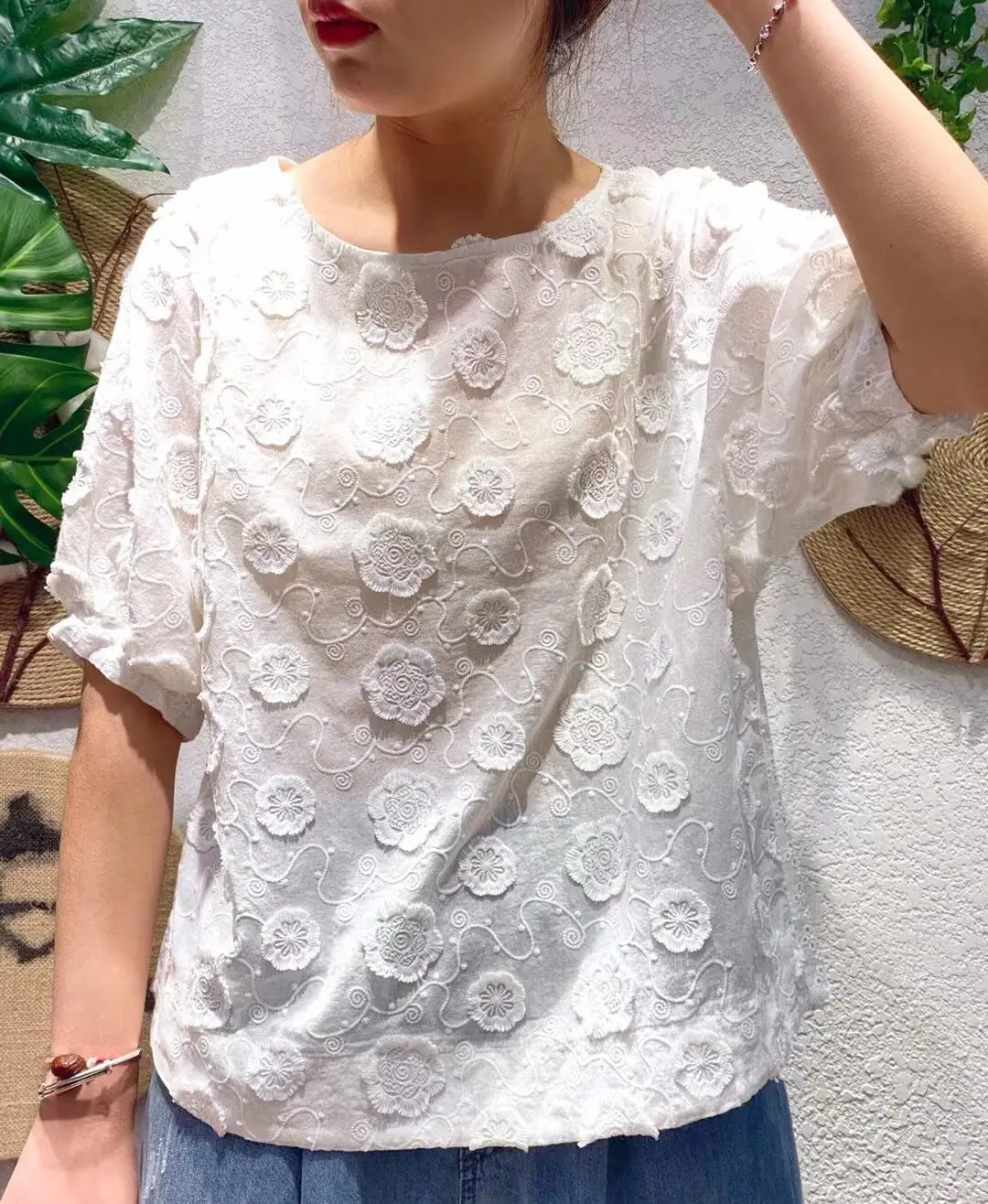 

New Summer 3D embroidery Flower Shirt Tops short sleeve Casual wear 283