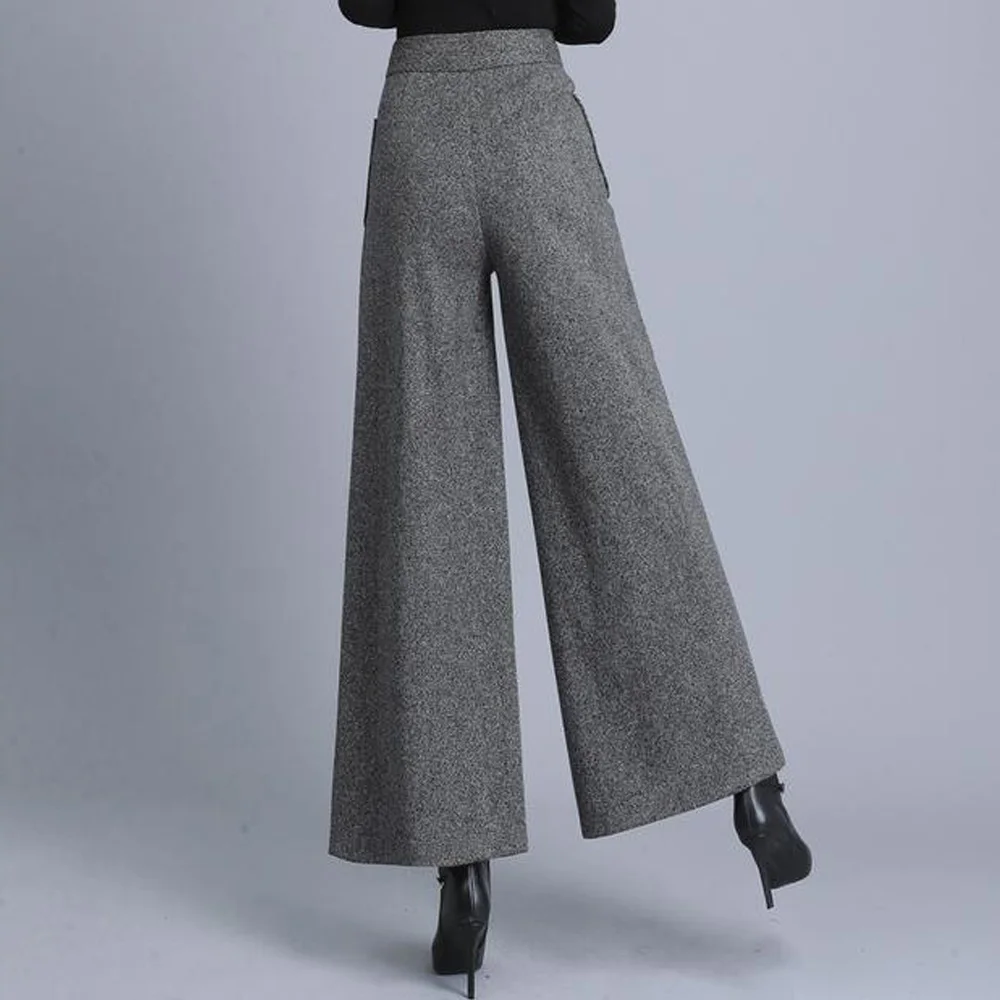Толстые шерстяные широкие брюки для женщин с высокой талией и карманами