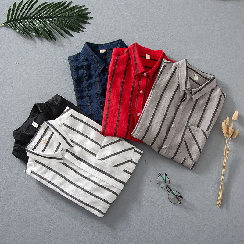 Мужские льняные полосатые рубашки с коротким рукавом и карманом рабочая рубашка