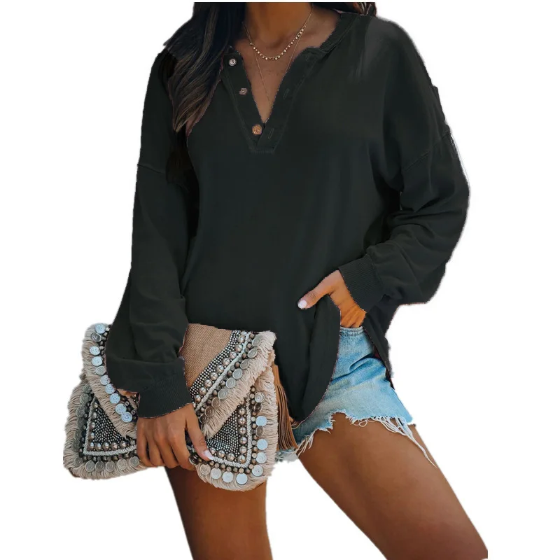

Women's solid color fashion V-Neck long sleeve button top T-shirt