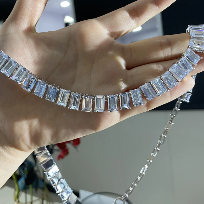 

OEVAS 100% 925 Sterling Silver Sparkling One Row 6*10MM High Carbon Diamond Necklace For Women Wedding Party Bridal Fine Jewelry