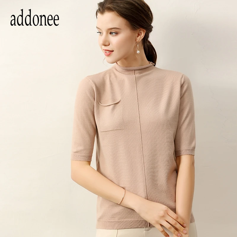 addonee Spring Summer 2019 High Elastic Knit O-Neck Women's Half-Sleeve Ice Silk Linen Slim Sweater | Женская одежда