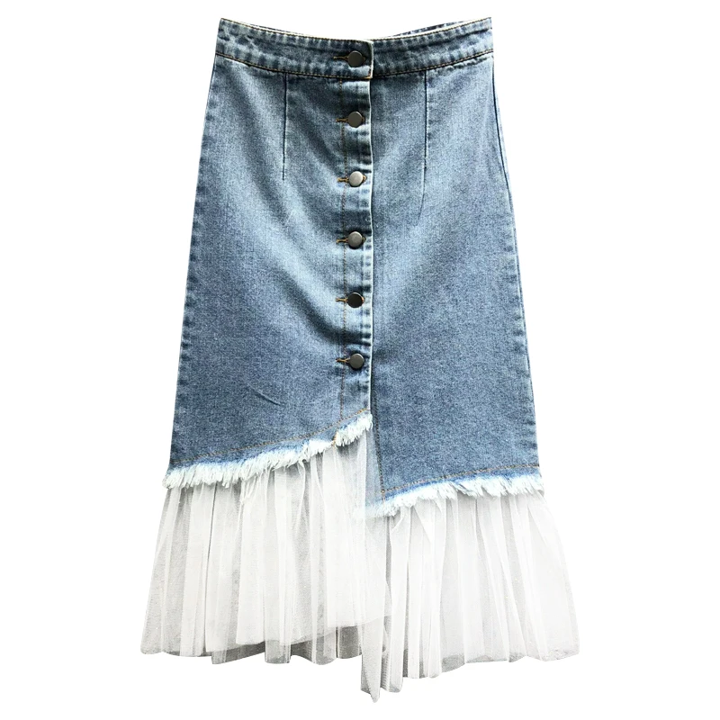 

[EWQ] Tassel Stitching Buttock H-type High Waist Lace Denim Skirt Women Single Breasted New Fashion Tide 2021 Summer GD870