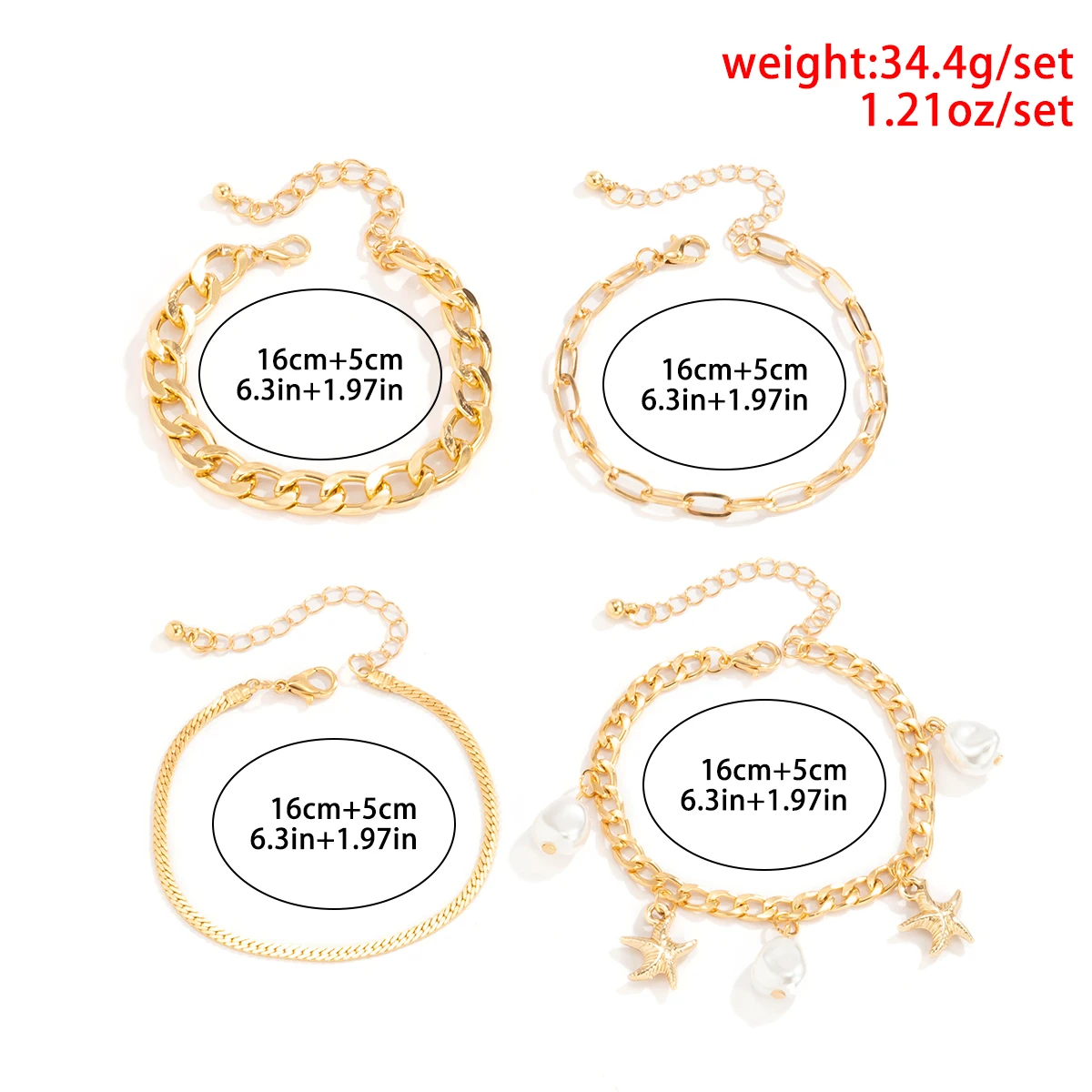 

4Pcs/set Bohemian Gold Color Metal Light Weight Multi Layer Chain Link Bracelet For Women Punk Boho Beach Bangle Jewelry Gift