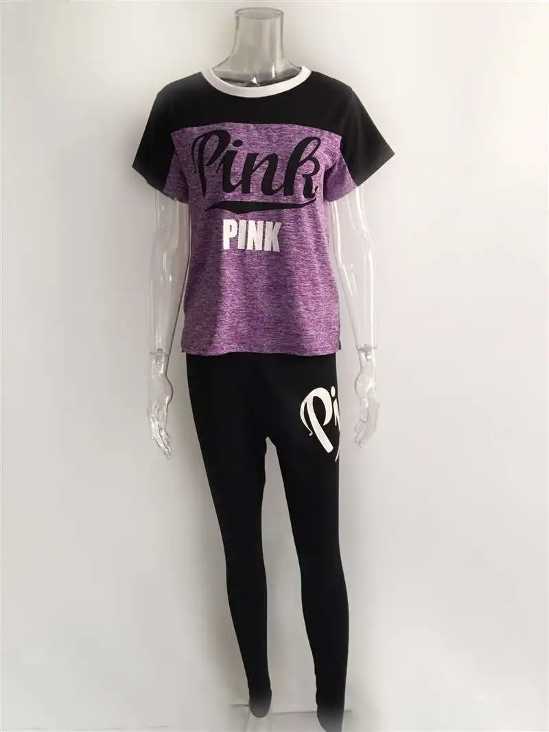 

2 Piece Set Outfits Summer Casual Tracksuits Women Pink Letter Print Tracksuit Women Short Sleeve Fitness Sport sweatsuit 2020