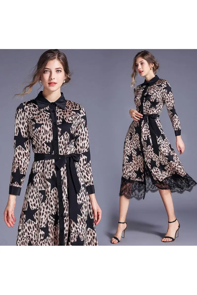 

FUCHAO Women Spring and Summer Europe Station Vintage Elegant Leopard Print Slimming Lace Stitching Dress Vestidos
