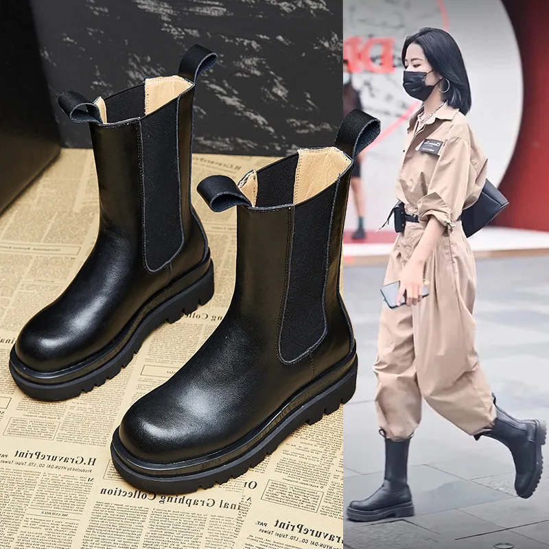 short Boots Women's Trend Korean Version of The Luminous Set of Elastic Two-layer Leather Boots British Style Chelsea Boots