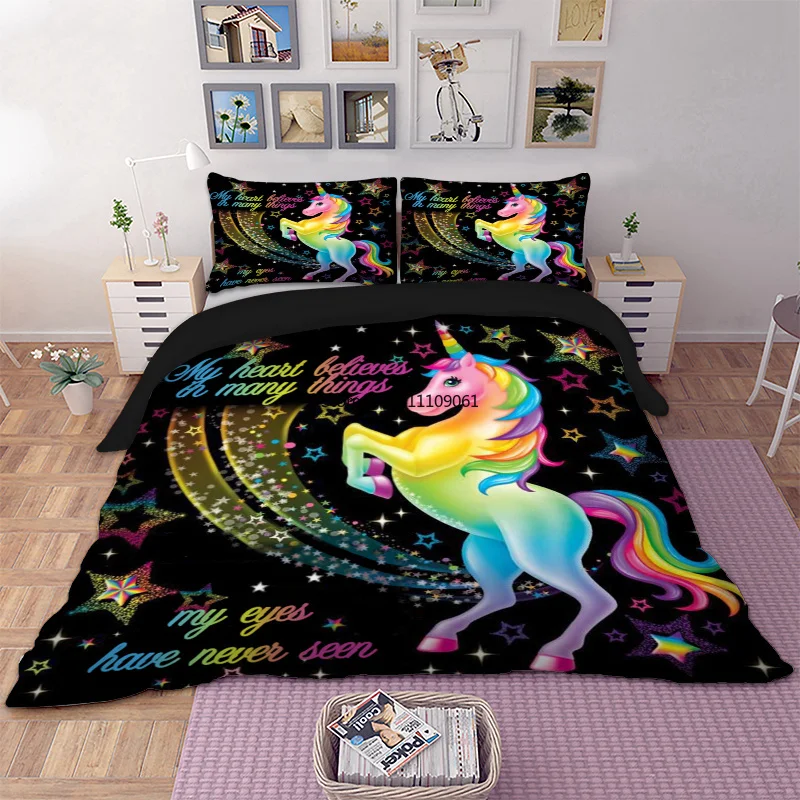 

Cartoon Duvet Cover Rainbow Unicorn Fairytale with Sparkling Stars 3D Digital Printing Children Bedding Sets Black Background