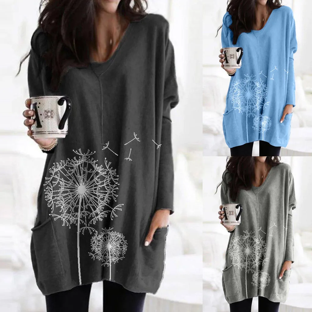 Футболка женская повседневная с круглым вырезом карманом и длинным рукавом в