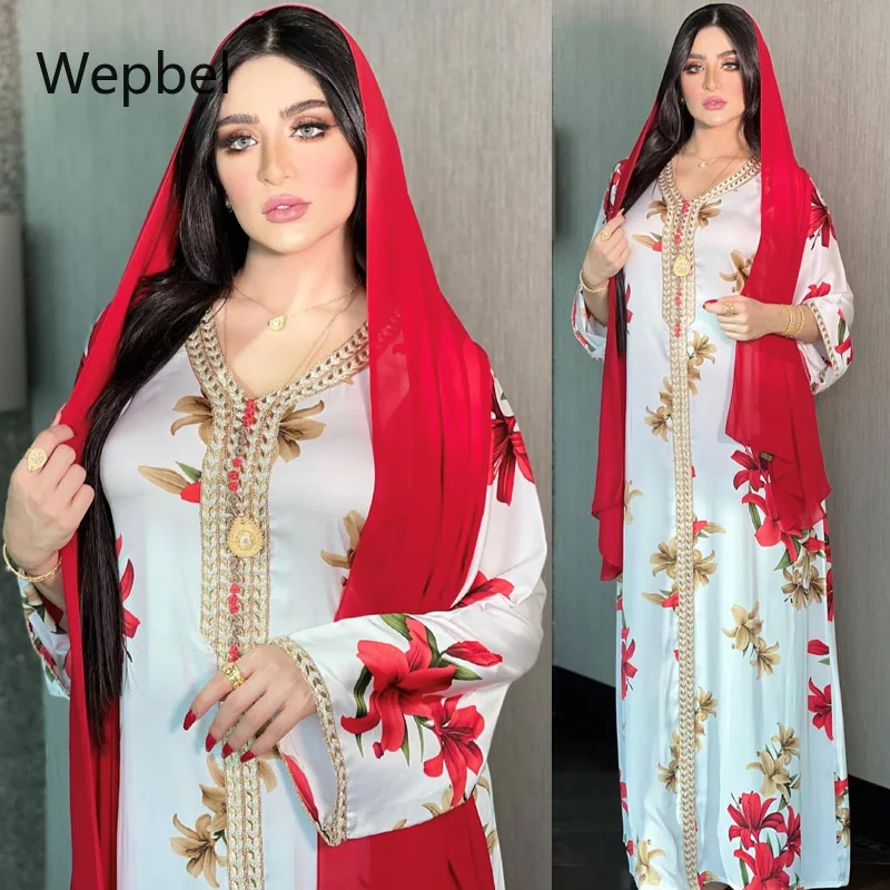 "Wepbel мусульманское платье с принтом, кружевная лента, Арабская абайя, Дубай, мусульманская женская одежда, v-образный вырез, цветочный принт, ..."