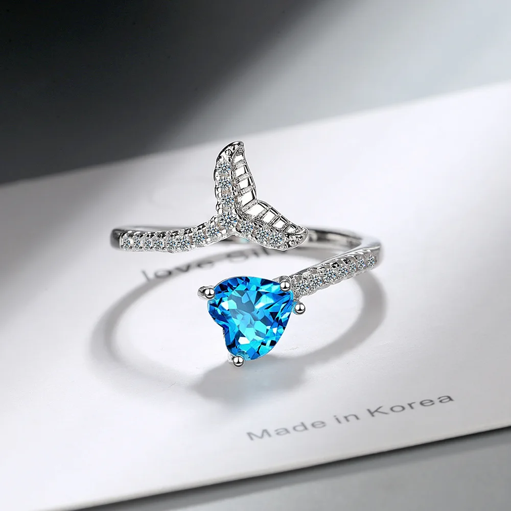 

Simple Female Blue Heart Crystal Ring Charm Silver Color Open Engagement Ring Dainty Fishtail Zircon Wedding Rings For Women