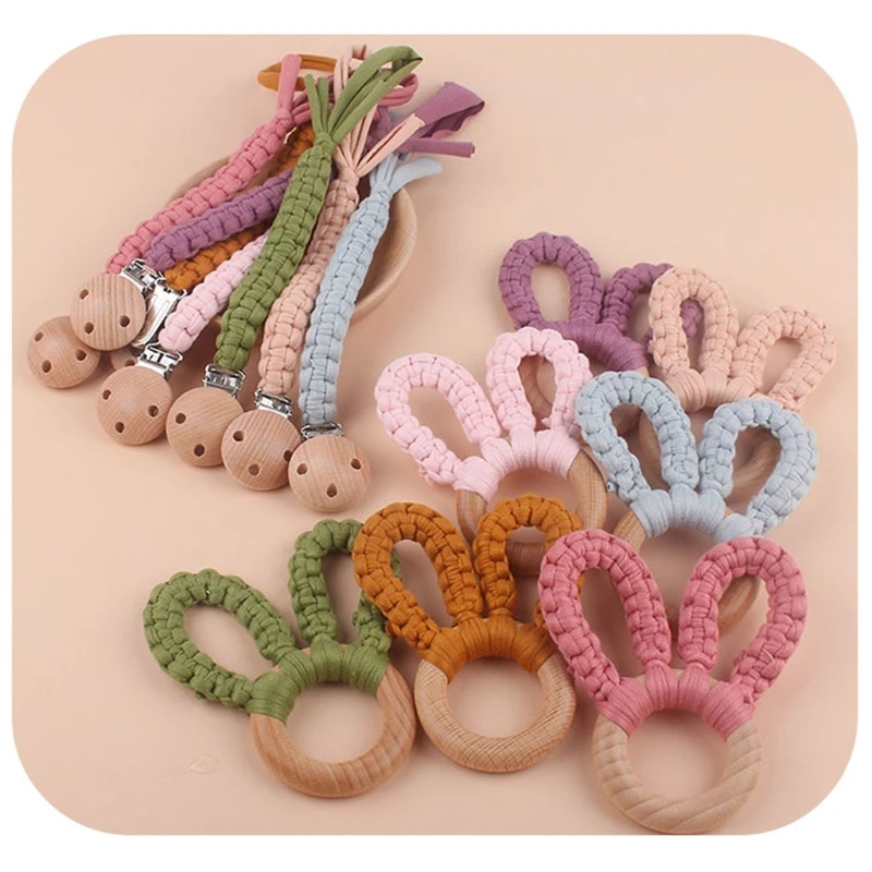 2 Pcs Baby Wooden Hand Grasp Toy+Pacifier Clip Chain Set DIY Cotton Cloth Knitting Rabbit Ears Teether Bracelet Bell Rattl |