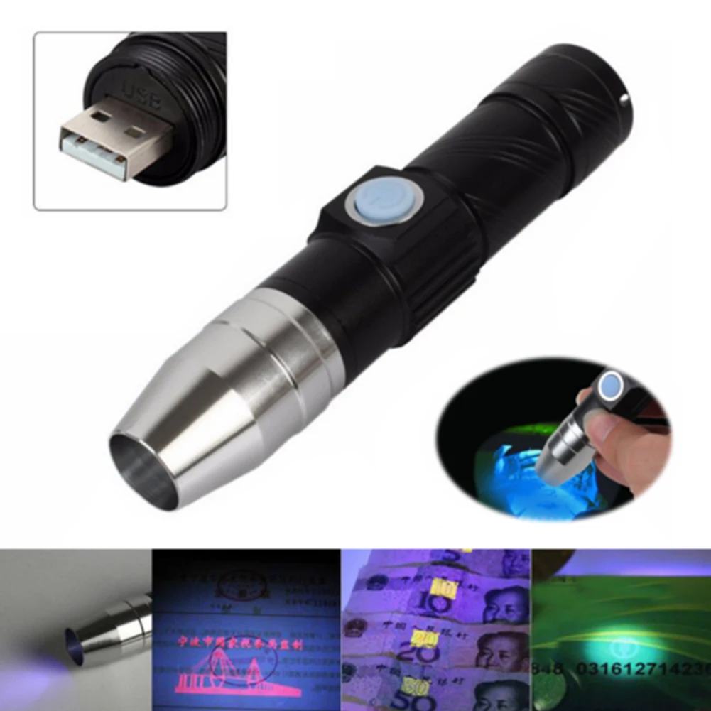 

365nm UV Flashlight Portable Blacklight Fluorescer Mini Money Detector USB Rechargeable Pen Tool Led Torch Jade Multifunctional