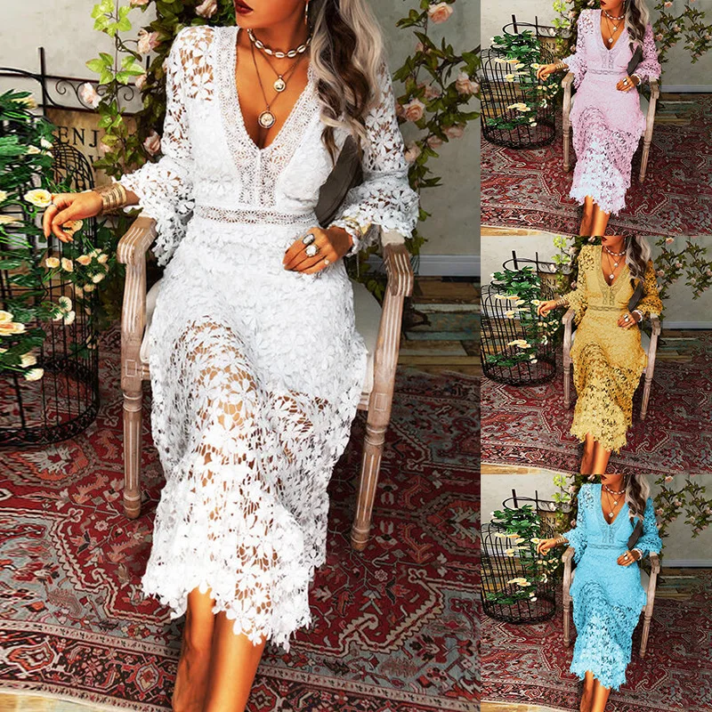 

2021 Fashionable Autumn Women Dress Sexy Lace Long-sleeved V-neck Large-length Ladies Chic Vestidos Wedding Party Bridal Dress