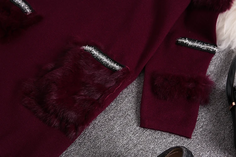 ALPHALMODA Зимний меховой свитер, платье с меховым карманом, пуловер с длинными рукавами, женское модное трикотажное платье