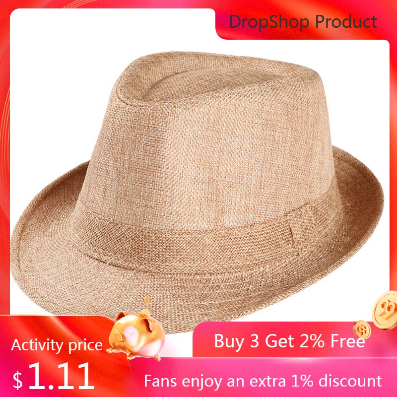 1pc unisex Men Women grass Fedora Wide Brim Straw Cap Unisex Panama Summer Beach Sun Hat,capes for men Casual cap