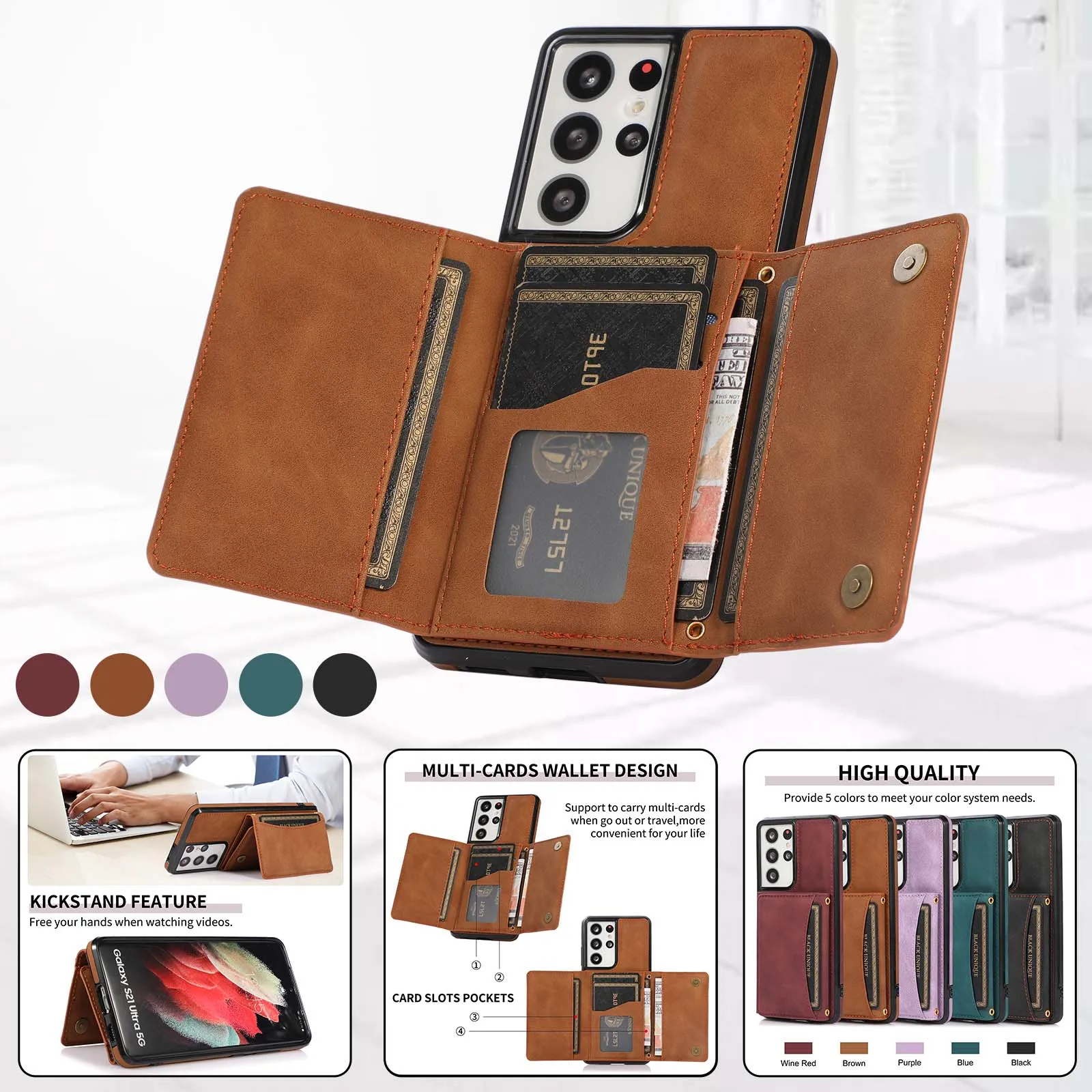 

For Samsung 21 Ultra Case Foldable Vegan Leather Wallet Card Holder Magnetic Kickstand Phone Cover for Galaxy S22 Plus Note 10