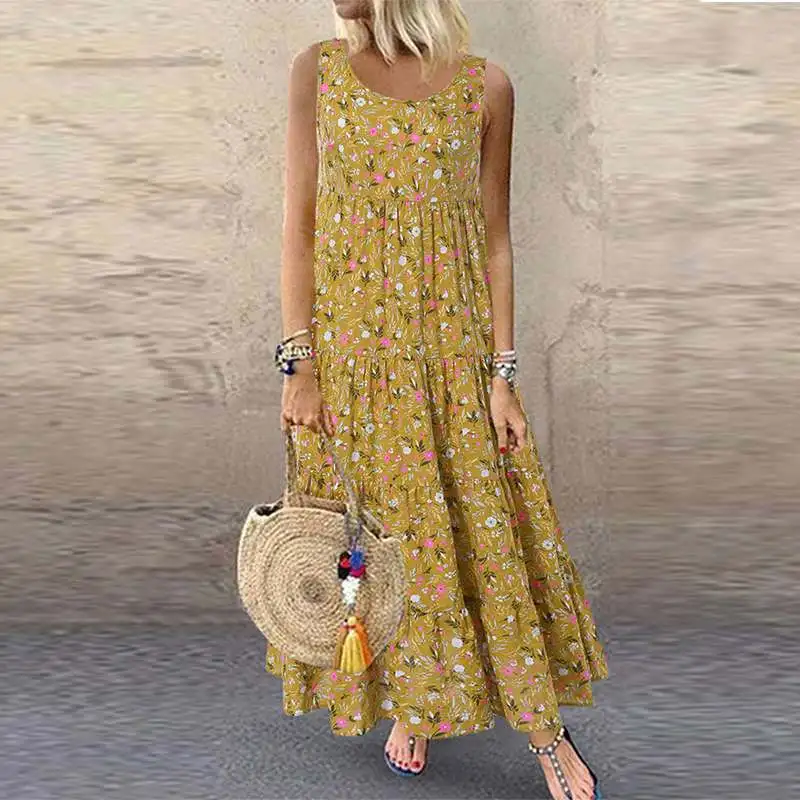 

women's dress popular Vintage flowers print sleeveless round neck large swing dress