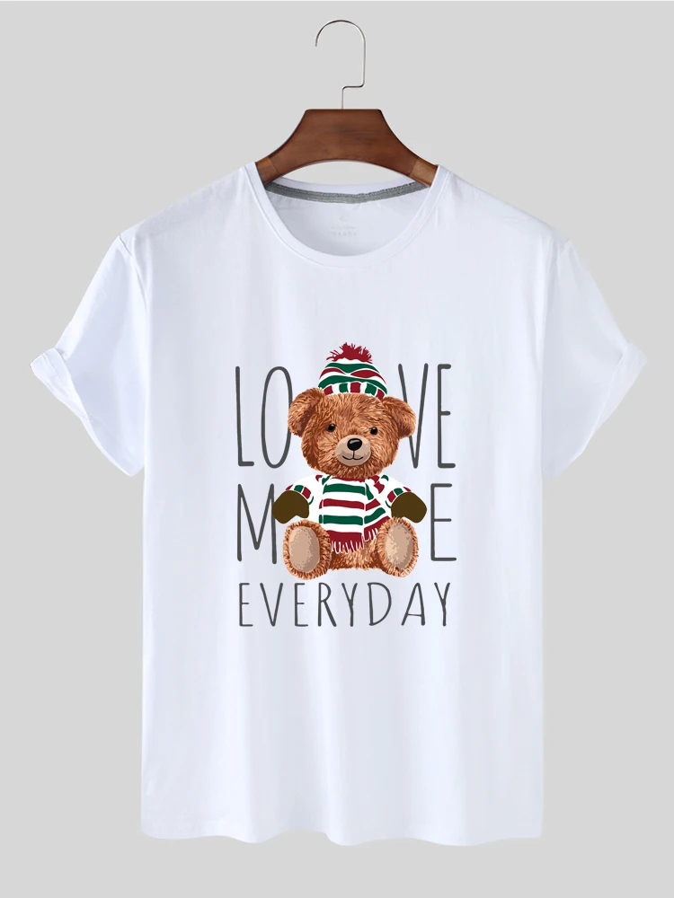 

100% Cotton Christmas Bear Print Short-sleeved T-shirt Women Summer Casual Short-sleeved Unisex Oversized T-shirt Ladies Shirt
