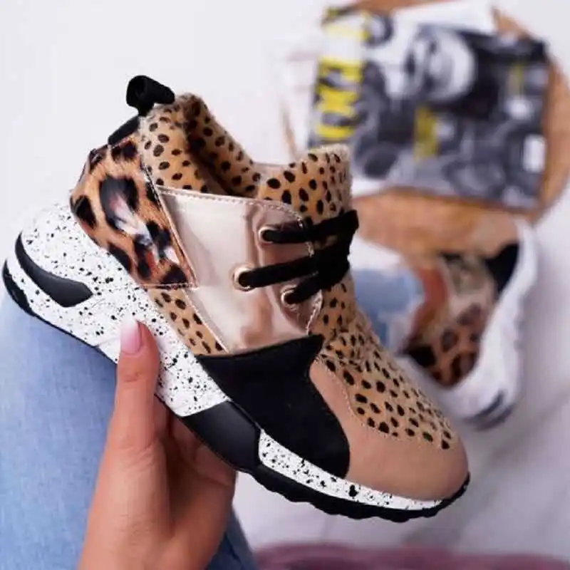 

Women's Lacing Casual Shoes Breathable Ladies Sneakers Leopard Print Faux Fur Sneakers Thick Bottom Sports Shoes Women Sneakers