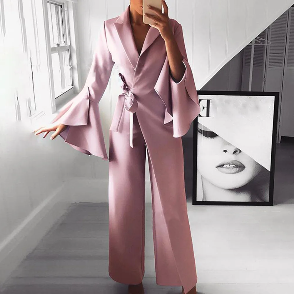 Женский офисный комбинезон с широкими штанинами модный элегантный розовый