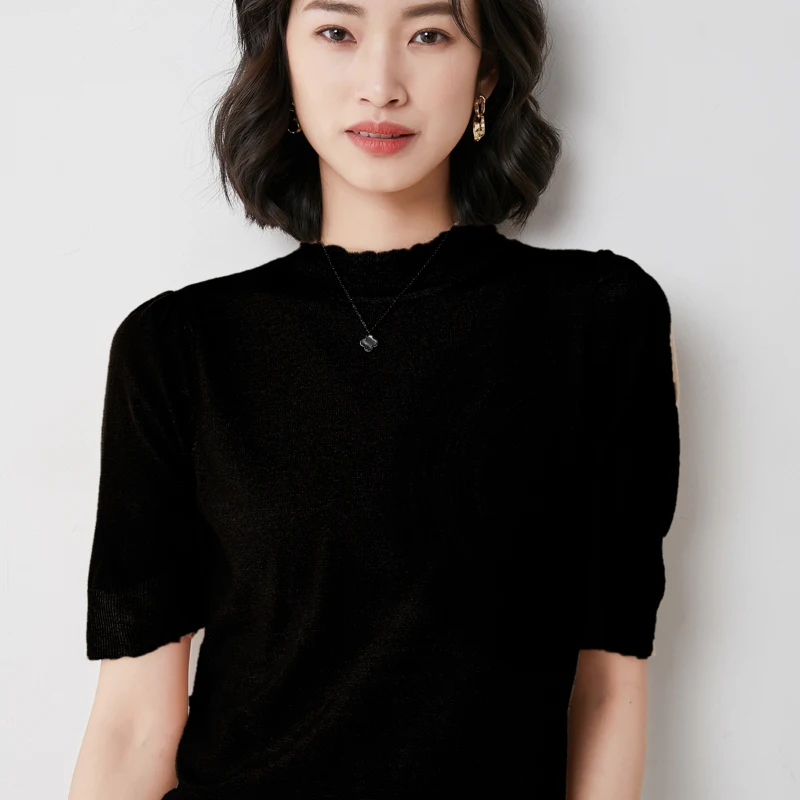

Half-sleeved women's half-high neck solid color hedging Slim knit short style all-match bottoming short-sleeved pullover women