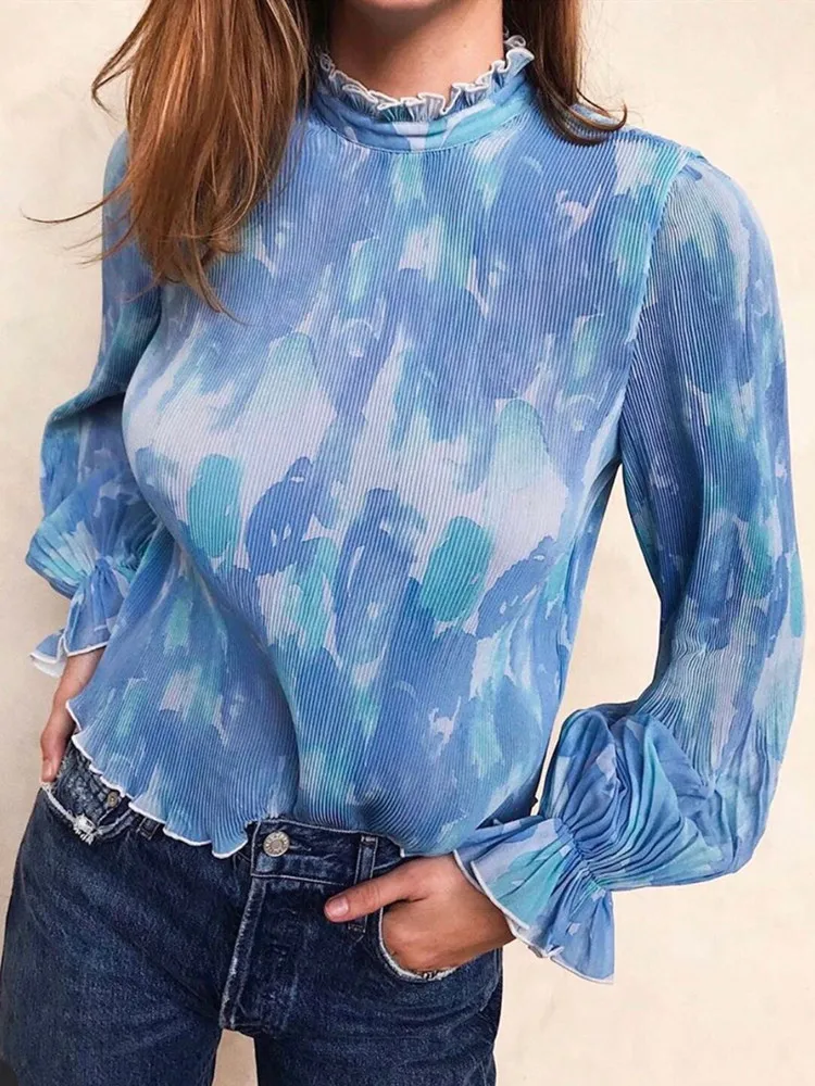 Женская голубая плиссированная блузка с высоким воротником новинка 2020