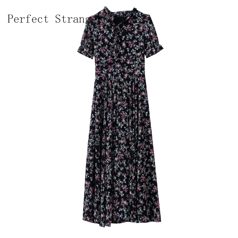 

2021 Summer New Arrival Hot Sale High Quality Bow Collar Flower Printed Short Sleeve Women Long Chiffon Dress M-4XL