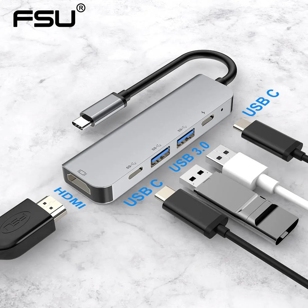 

FSU USB C HUB Thunderbolt 3 Type C to HDMI 4K UHD 87W PD Fast Charging USB 3.0 HIB 1000Mbps Transfer Converter Type C Adapter