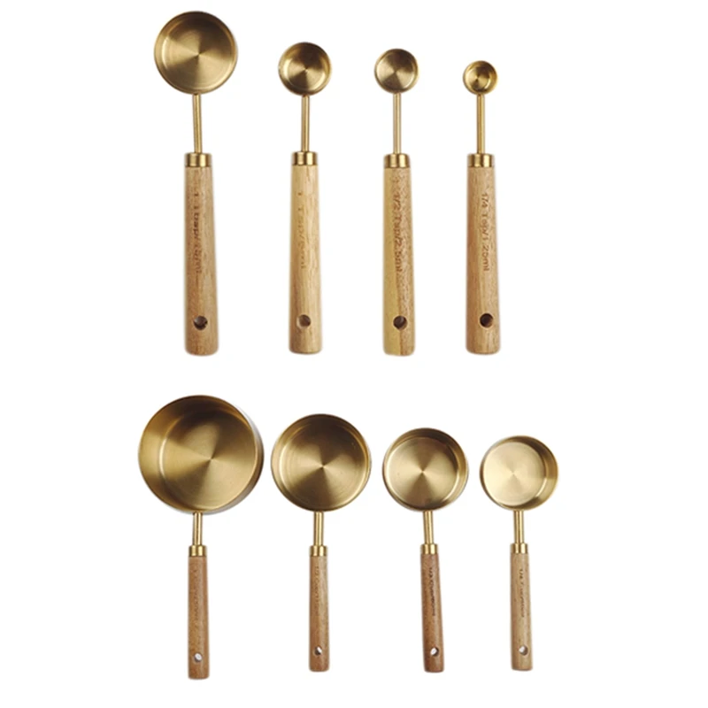 

2 Set Measuring Spoons Set Wood Handle Stainless Steel Measuring Scoop Baking Tool Kit Kitchen Accessories,1 & 2