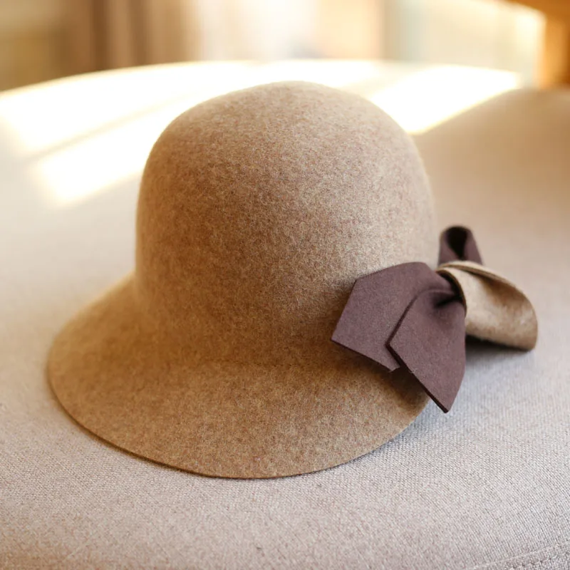 

Autumn/Winter Woolen Hats with Bow Women's Korea Style Casual Bucket Hats Retro Elegant Fedoras Fashion Sun Hats