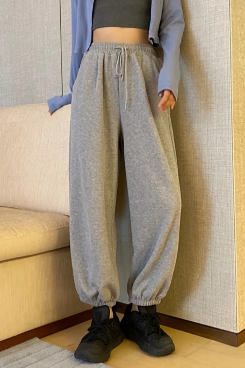 Женские леггинсы с завышенной талией серые спортивные брюки широкими штанинами