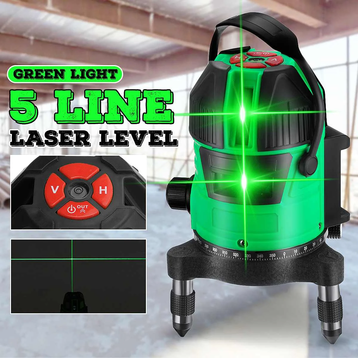 

Powerful Green Light 5 Lines Laser Level Automatic Self Leveling 360 Vertical Horizontal Tilt Cross Line w/Outdoor Mode New