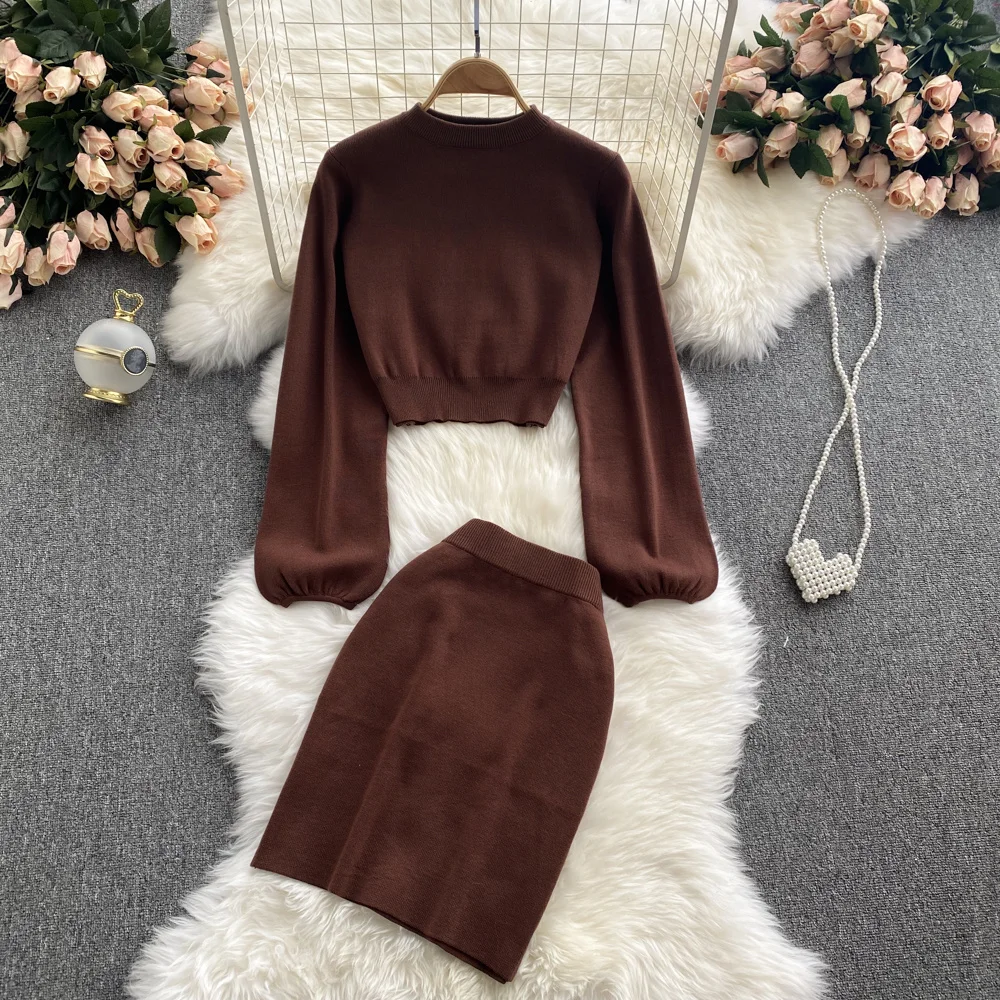 

2021 Autumn Winter Women Two Piece Set O-neck Long Sleeve Cropped Pullover Sweater +Mini Pencil Skirt Suits Female Clothing Set